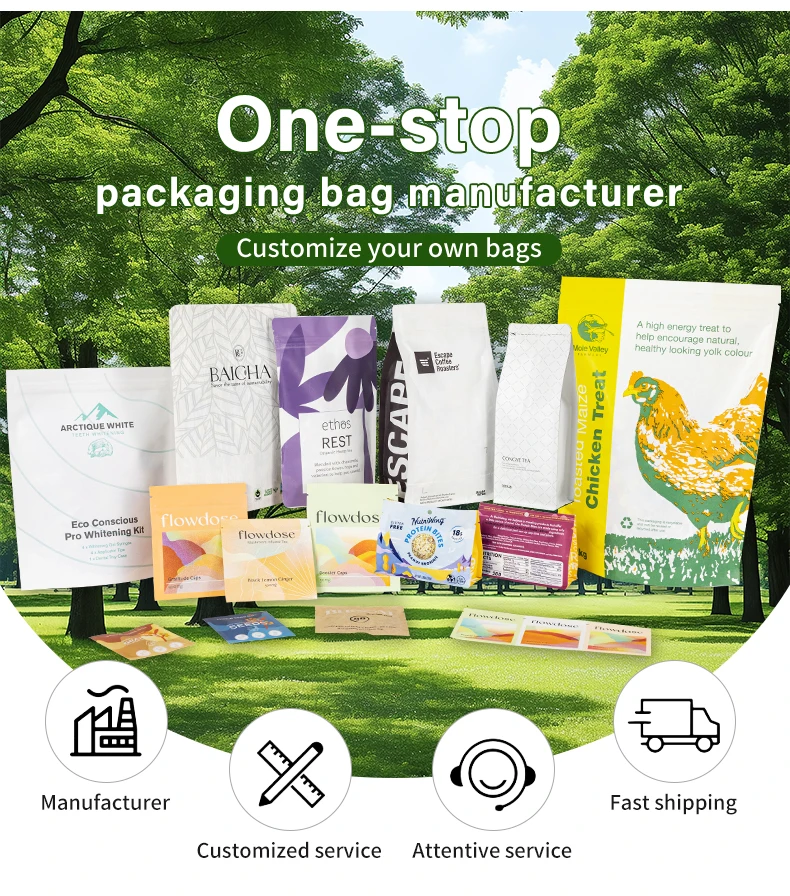 Biodegradable Kraft Paper Pouches with Resealable Zipper Three Side Seal Paper Biodegradable Plastic Mylar Bags for Food Packing