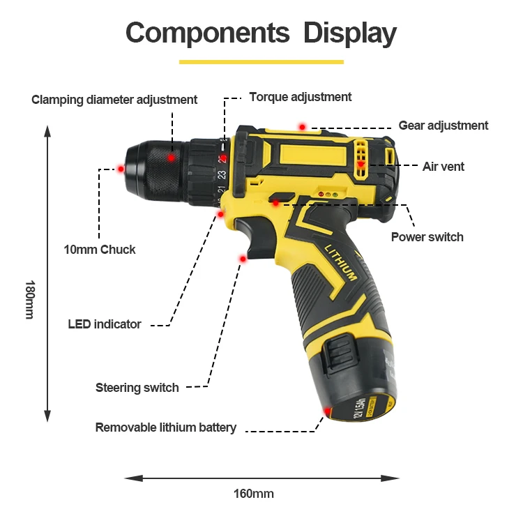 Whole tool kit included LED light lithium battery powered 1500mAh 12V cordless screwdriver 10mm chuck electric drill