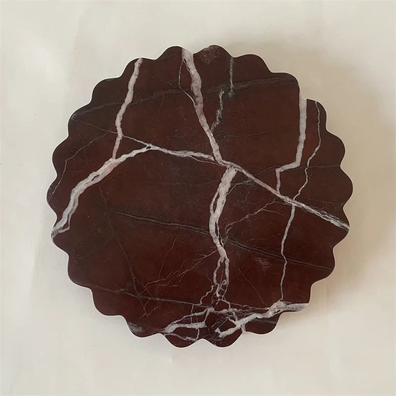 Hand Carved Rosso Levanto Marble Circular Scalloped Stone Tray And Jewelry Display Dish