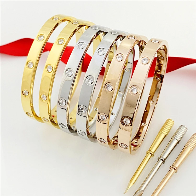 European American Hot Sale Designer Bracelet Stainless Steel Bracelet Sparkling Zircon Lovers Bangle Bracelet for Women Men