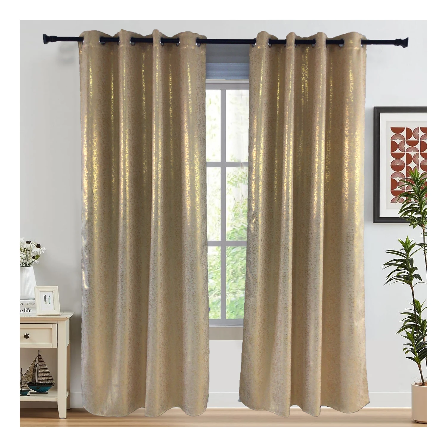 JA Wholesale 52*63IN Luxury Gold Foil Print Blackout Curtains Thermal Energy Saving Modern Woven Grommet Drapes Bedroom Hotel