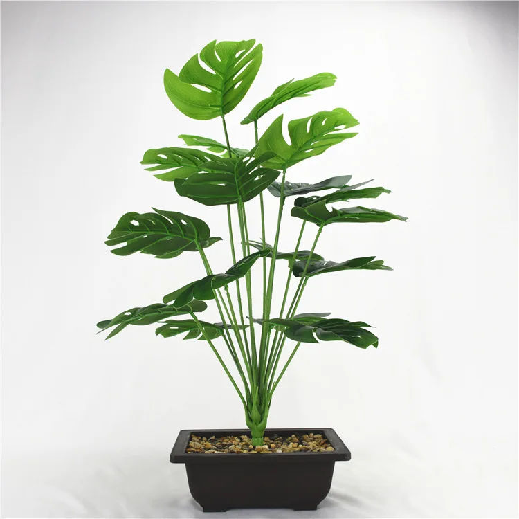 JD99   18-fork Faux Plastic Turtle Leaf Stem Artificial Small Monstera Tree for Home Decoration green leaves