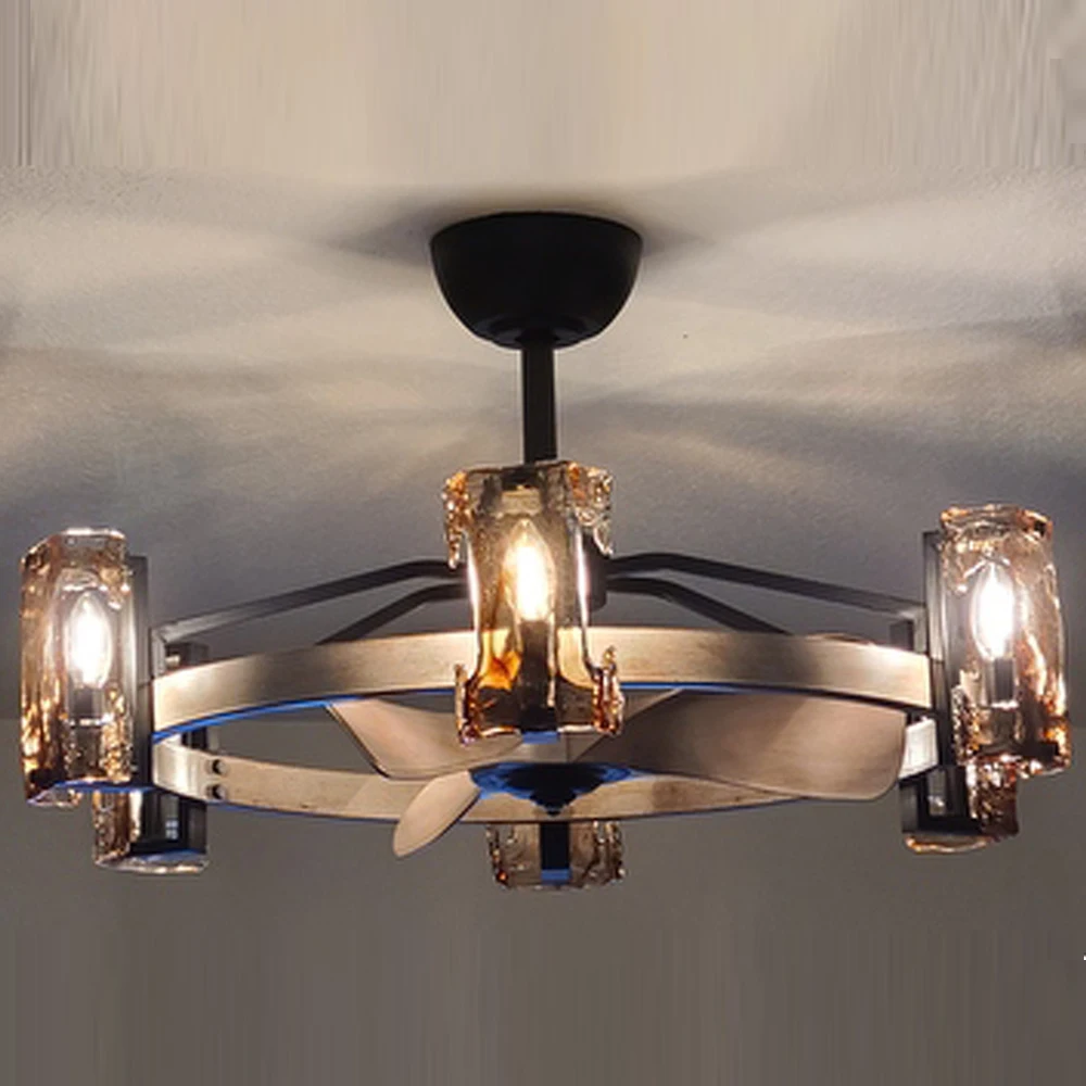 Modern Simple Luxury Vintage Retro Rustic 110 220 Volt Cage Caged Chandelier Light Ceiling Fan With Remote