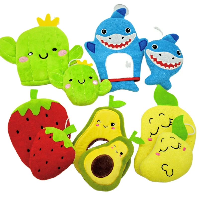 Wholesale Cute Owl Dolphin Cartoon Animal Shapes  Exfoliating  Soft Shower Baby Bath Set with Bathing Sponge and Mitt