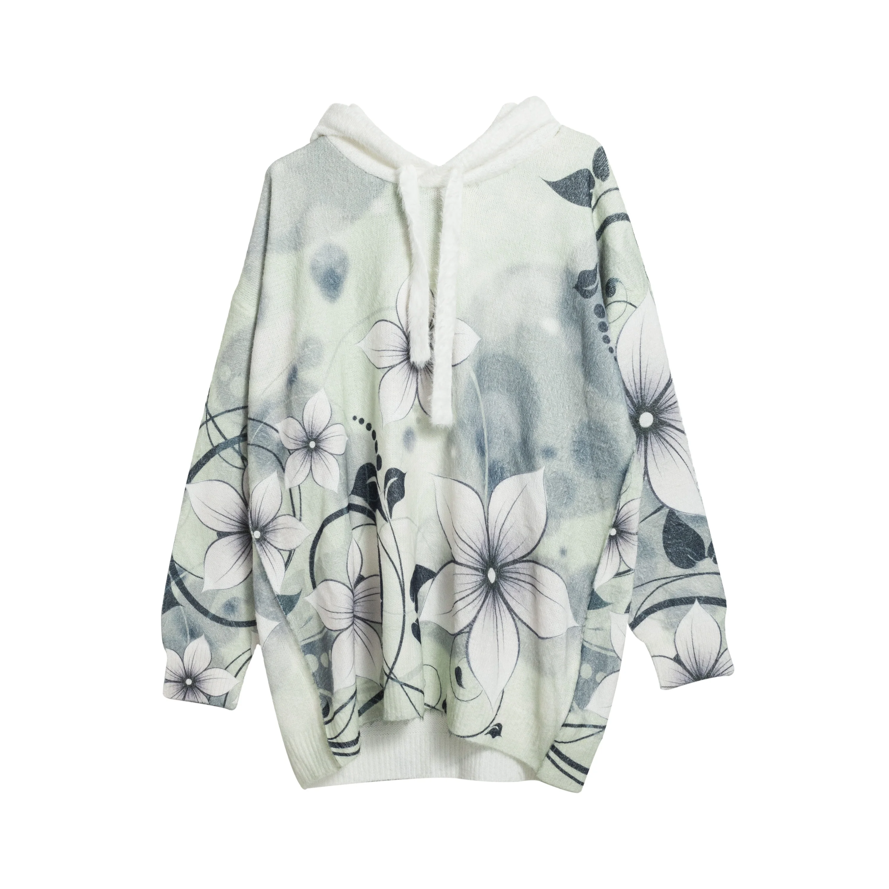 DLDM Custom Women Jacquard Print Flower Pattern Furry Jumper Aesthetic Thick Heavy Fluffy Pullover Knitted Large Hoodie Sweater