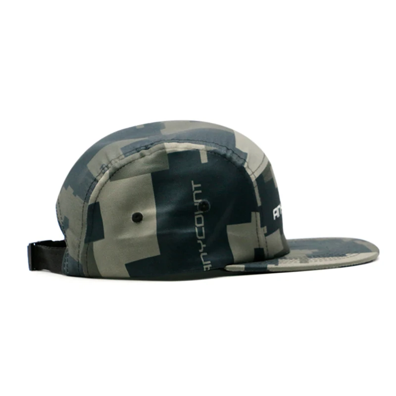 Premium Custom Flat Embroidery Full Camo Printing Nylon Private Label Adjustable Buckle Strap Five Panel Camp Hat