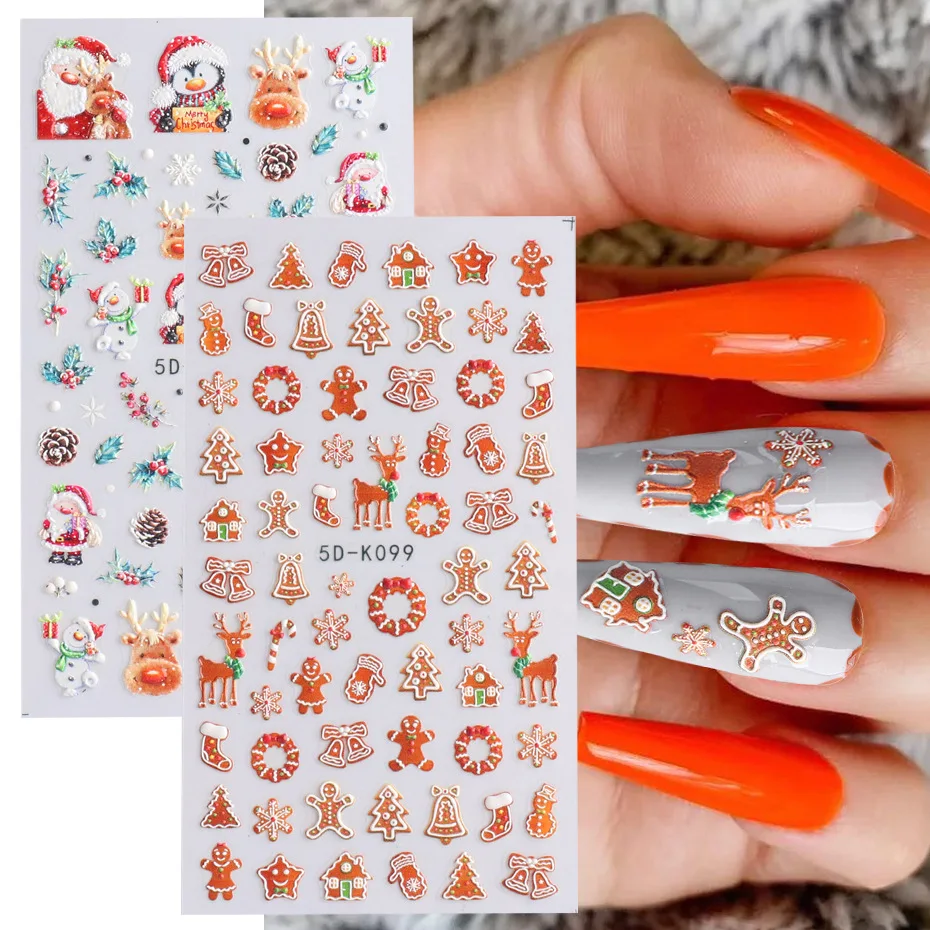 New Embossed Christmas Nail Stickers Bird Hollow Snowflake Leaves Elk Candy Back Glue Nail Art Stickers