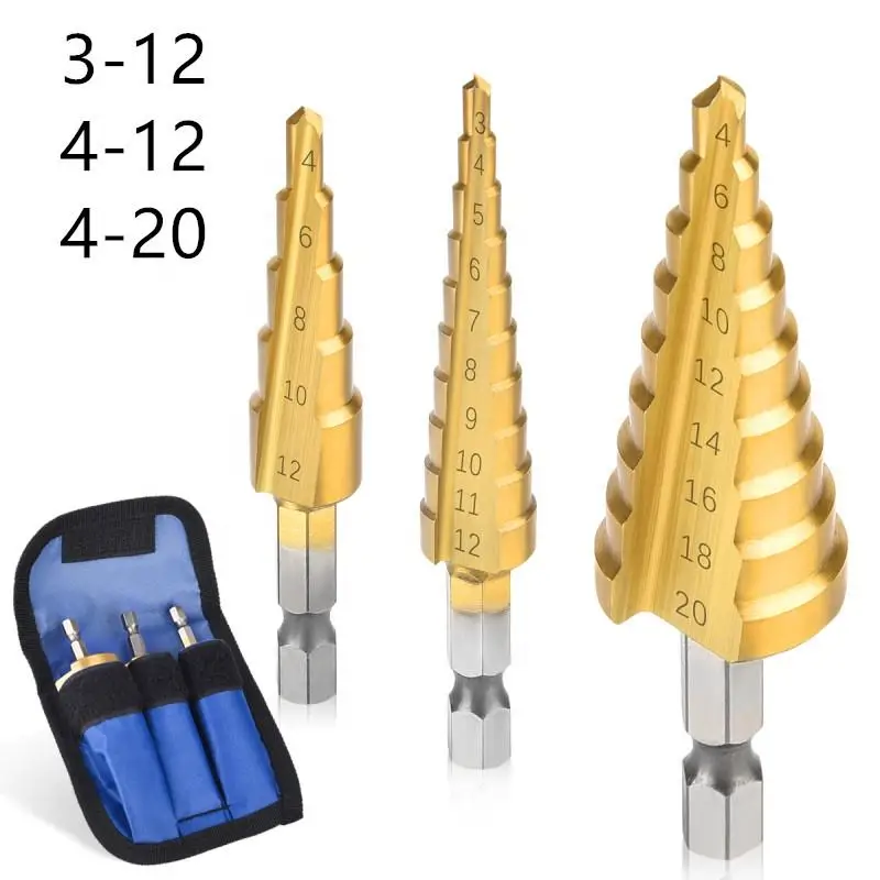 Hexagon Shank Titanium Step Drill Bits 3-12mm 4-12mm 4-20mm HSS Power Tools HSS Wood Metal Drilling