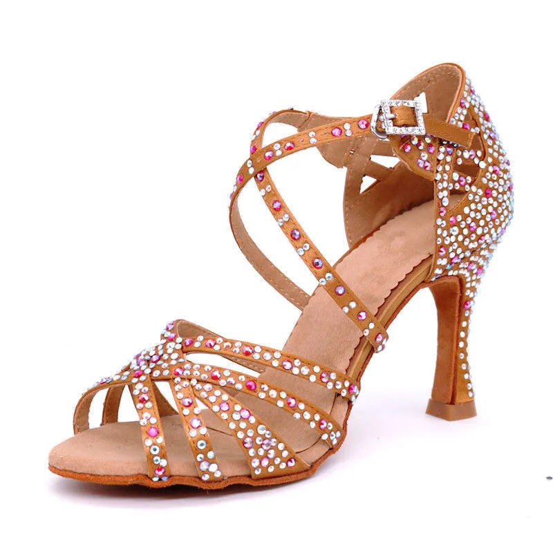 Rhinestones Latin Dance Shoes Salsa Ballroom Practice Performance Dance Shoes for Women