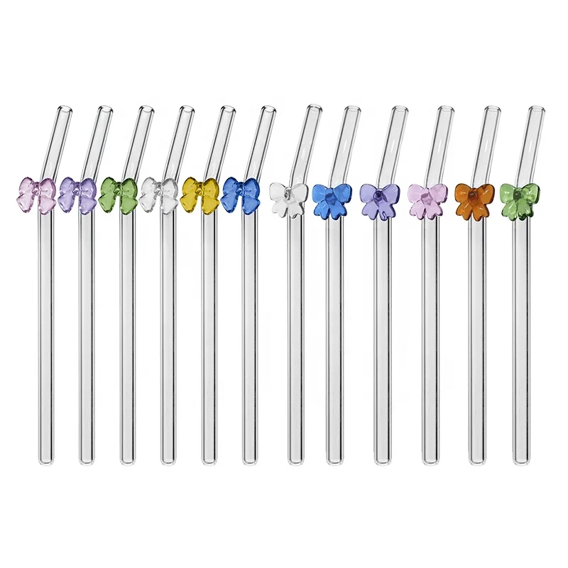 Multi-color Drinking Clear Bent Bow-tie straw Bow Tie Creative High Borosilicate Glass Straw with Design for  bar Accessories
