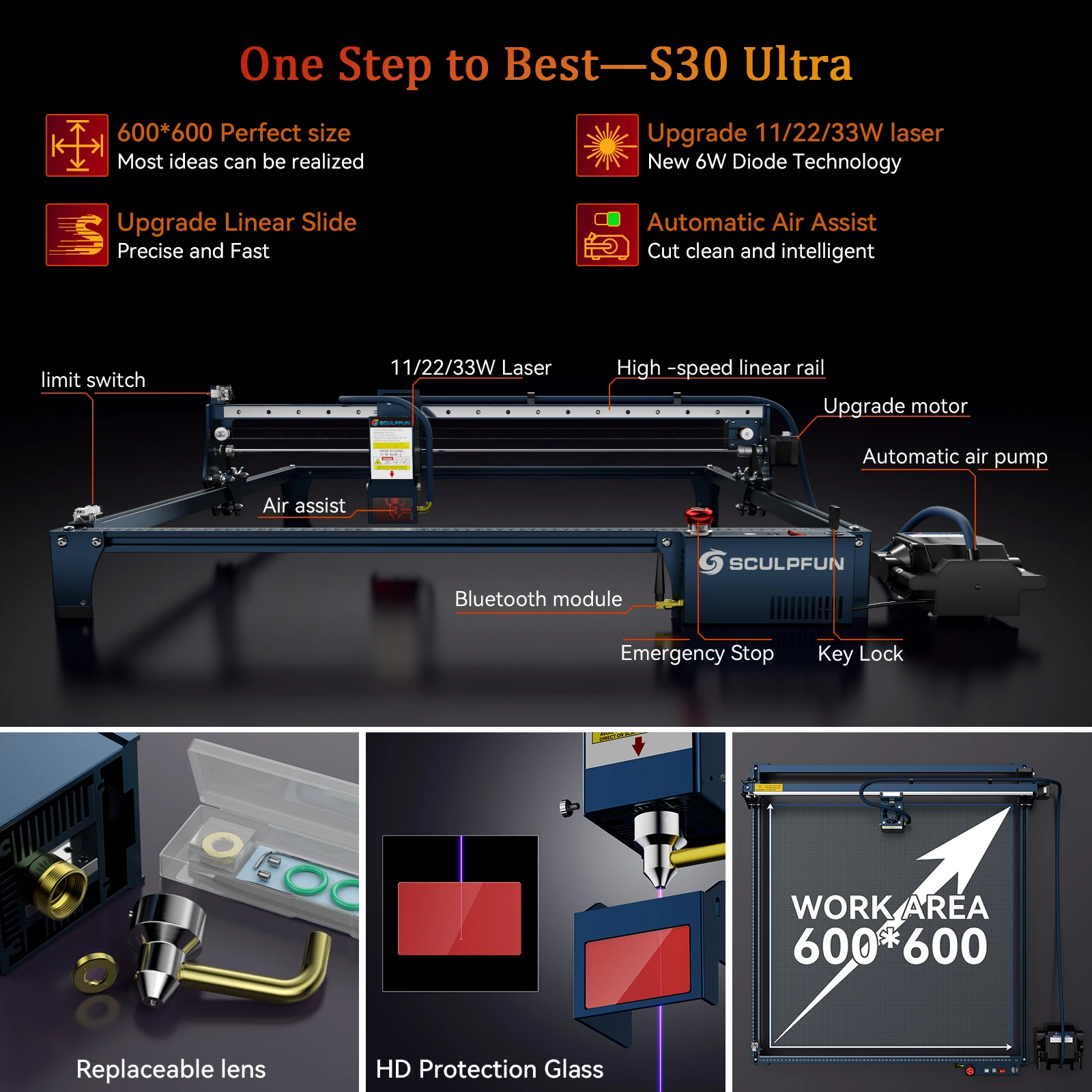 SCULPFUN S30 Ultra 22W 600*600mm Engraver Cutter Automatic Air Assist Replaceable Lens Emergency Stop Laser Engraving Machine