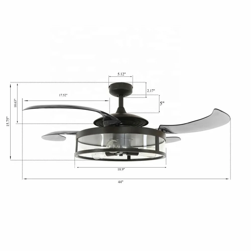 Industrial cool wind retro 4-blades retractable blades with remote control fan electric ceiling fan lamp