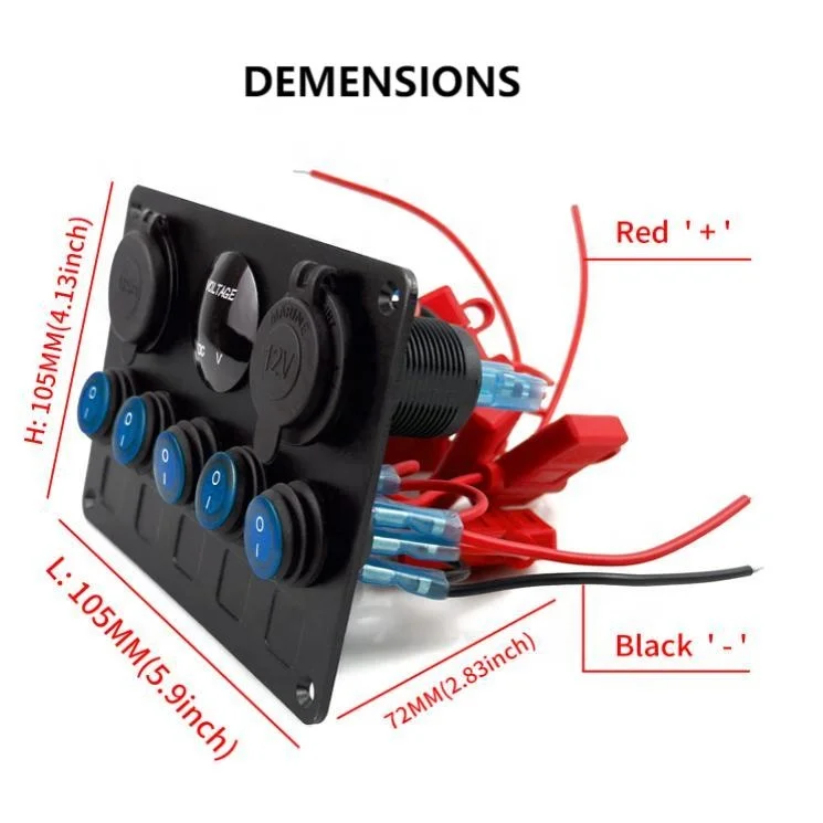 Upgrade 5 Gang Blue Marine Boat Rocker Switch Panel 15A Inline Fuse Aluminum Circuit Breakers Truck RV 12V/24V On-Off Function