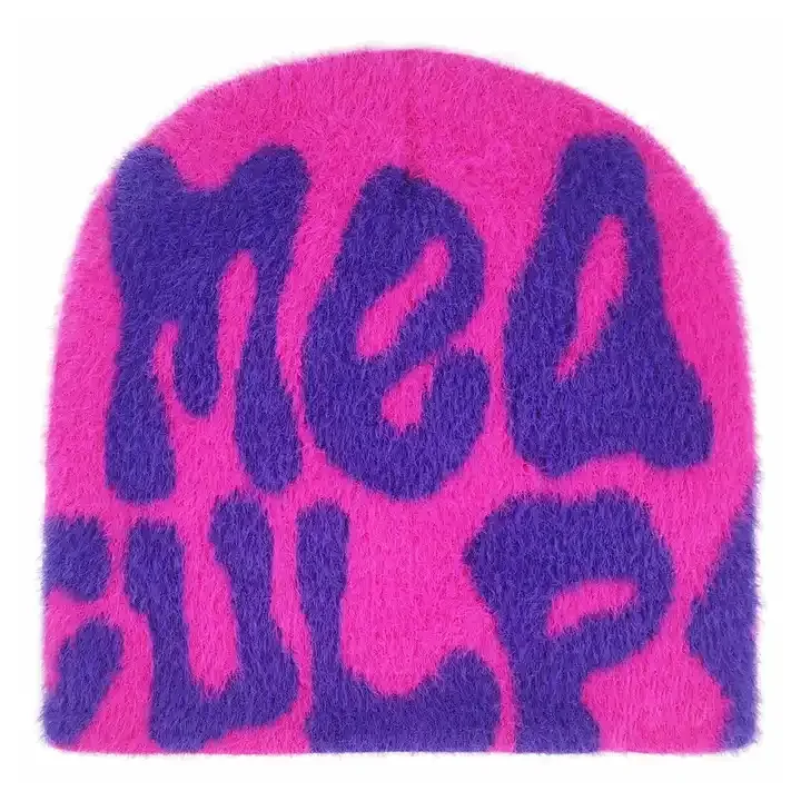 OEM  Y2K Beanies Fur beanie hat Custom Logo Acrylic Knit Premium Cashmere Wool Jacquard Mohair Beanie