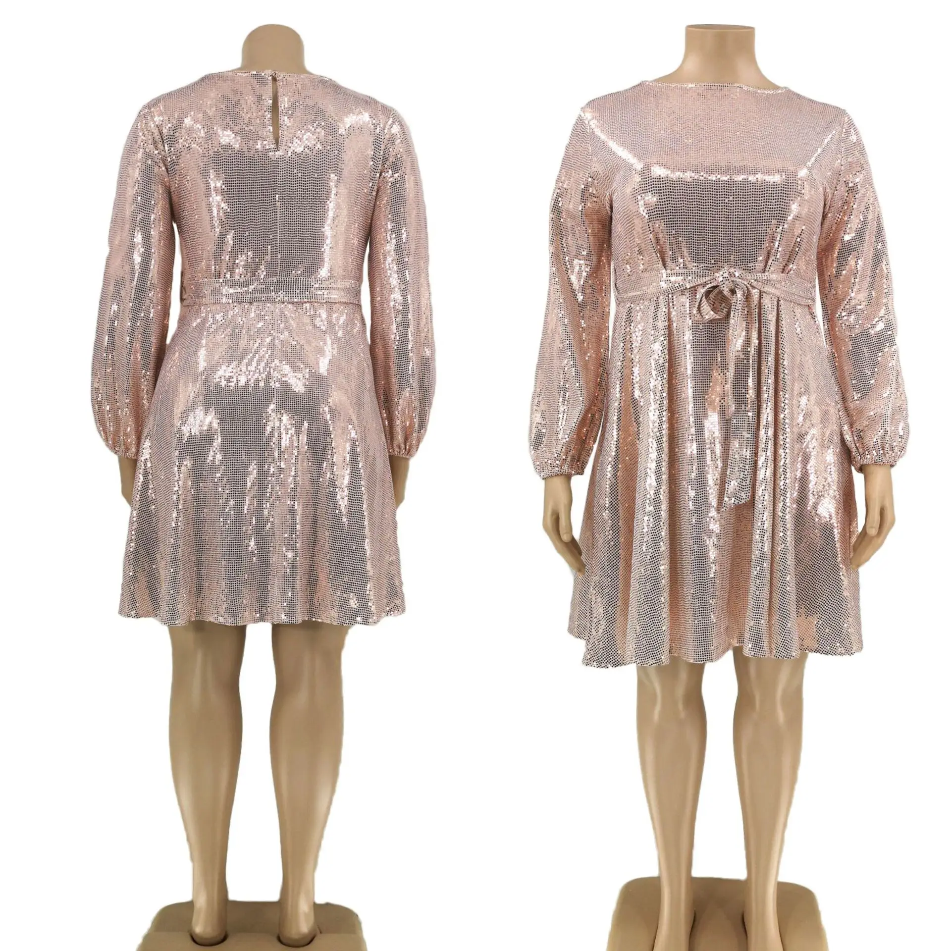 Hot Selling Lantern Sleeves Plus Size Casual Dress Pink Bling Elegant Party Dress Fashion Midi Skirt