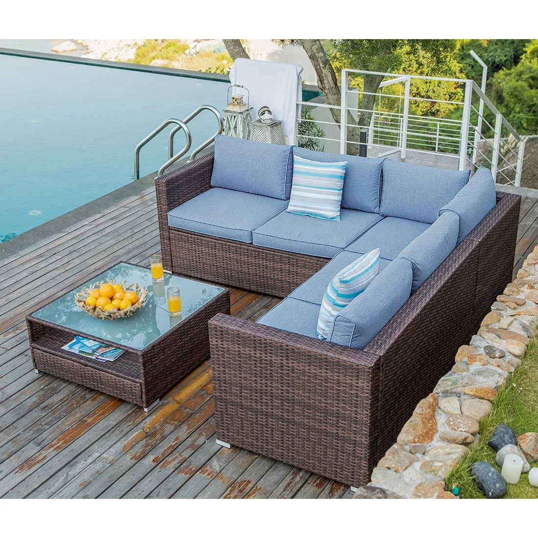 All-Weather Wicker Outdoor Furniture Warm Brown Patio Sectional Sofa with Thick Cushions Glass-Top Coffee Table Parks Courtyards