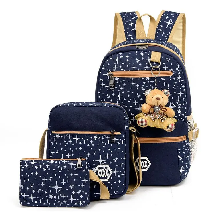 Factory Wholesale Oxford Girls Backpack Set 3 in 1 Custom School Bags Cute Bear Model Starry Sky Casual for Student