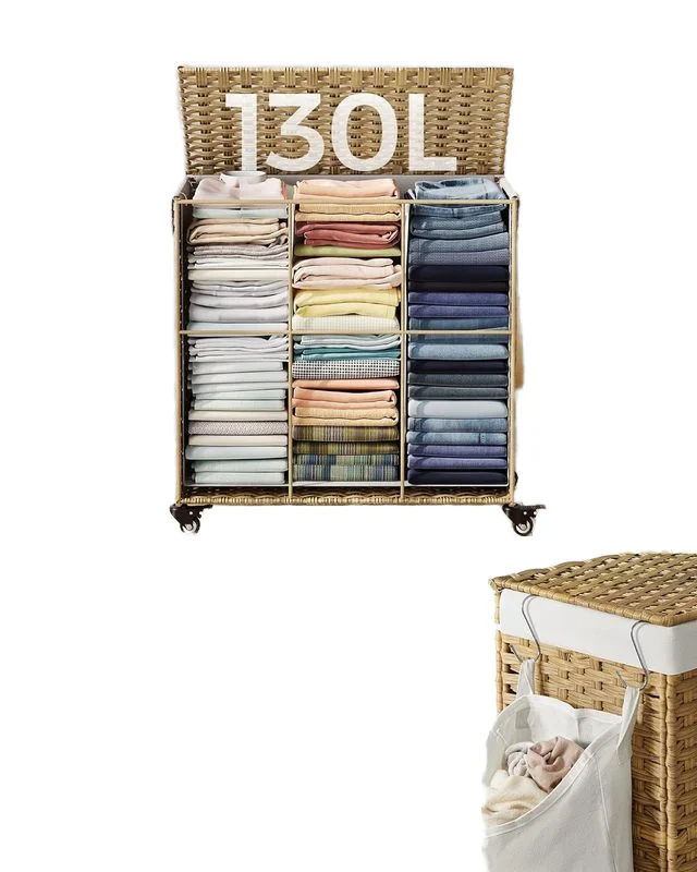 Woven Laundry Basket with In Bathroom, Bedroom Foldable Lid 3 Collapsible Bamboo Storage Convenient Roller Woven Laundry Basket