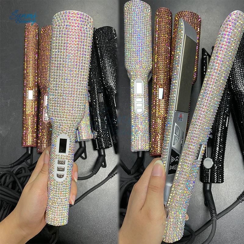 Crystal Diamond Titanium Hair Straightener Instant Heat-up 480 Quick Styling LCD Display 2 Inch Rhinestone Flat Iron