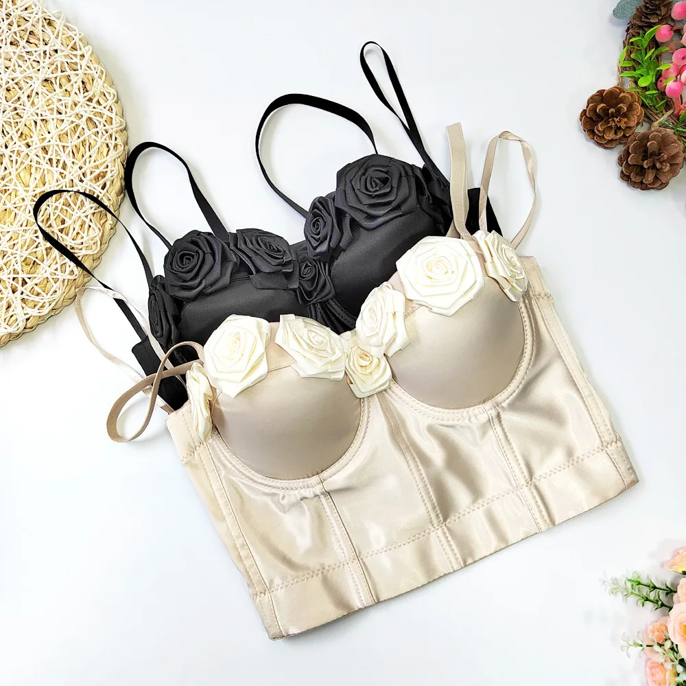 Manufactory Satin Silk 3D Straps Sexy Women Ladies Girls Boned Corselet Bustier Padded Crop Overbust Corset Flower Top Boning