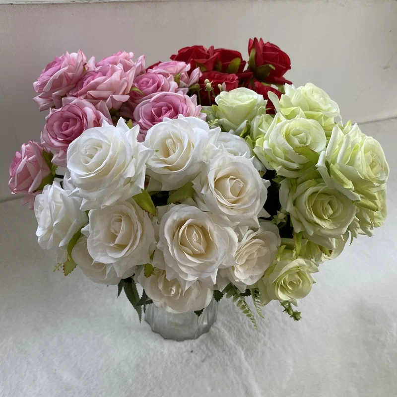 QSLH-F448 Novel Design Silk Rose Artificial Flowers Bouquet 12 heads silk rose peony bouquet For Wedding Home Decoration