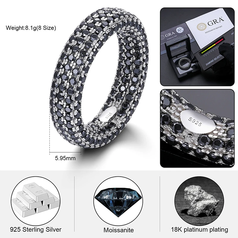 Rock Mens Jewelry Hip Hop Real 925 Sterling Silver Full Black VVS Moissanite Diamond Iced Out Stamp Finger Ring For Women Man
