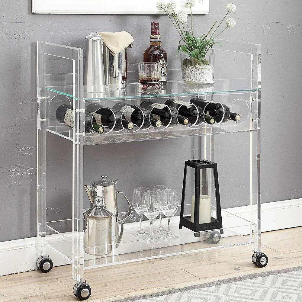 2022 современный дизайн прозрачный акриловый 3 яруса кружевных отель прокатки тележка для напитков бар, выступающей с колесами