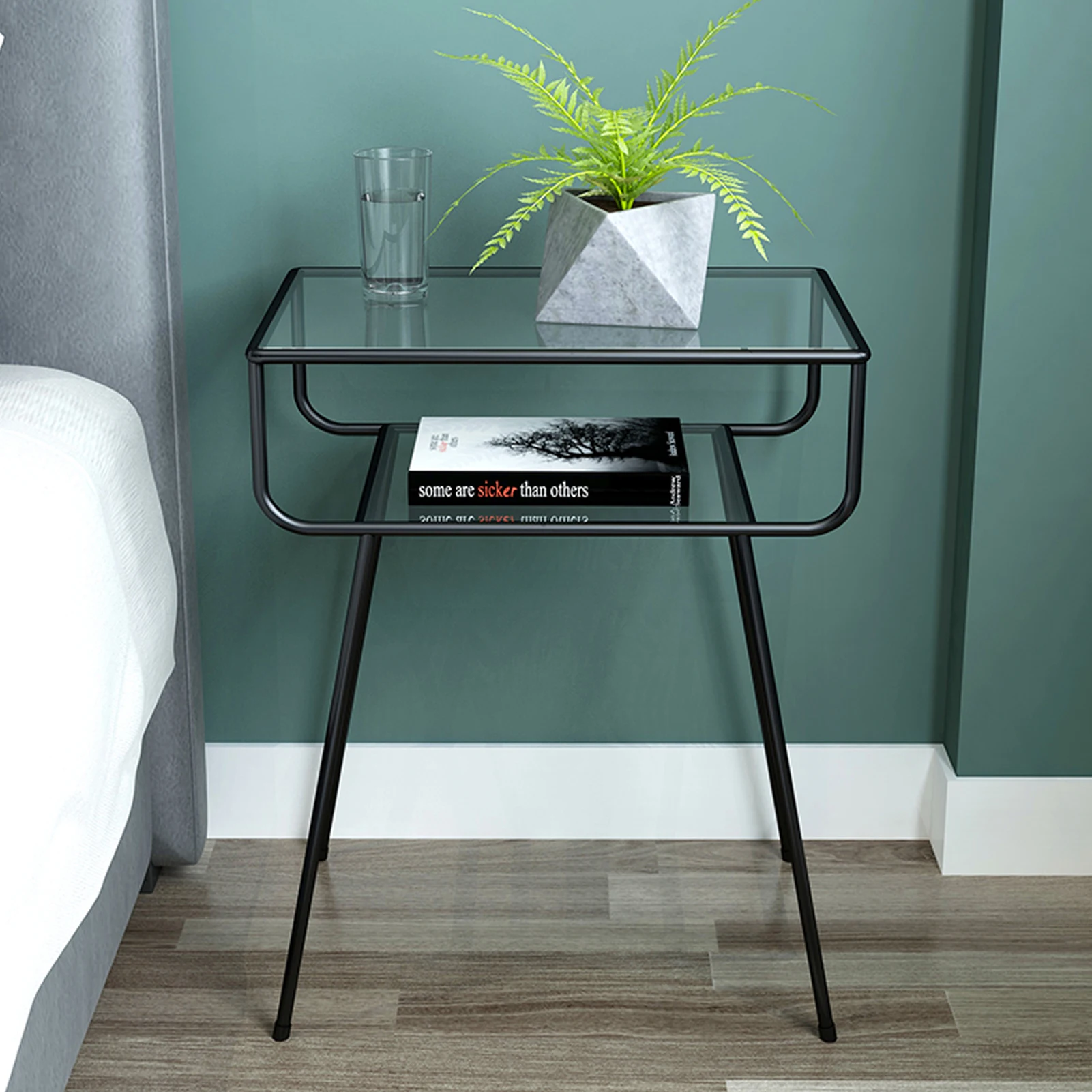 Tempered Glass Top Mid Century Accent Metal Gold End Table Modern for Bedrooms Bedside Table Night Stands Side Table