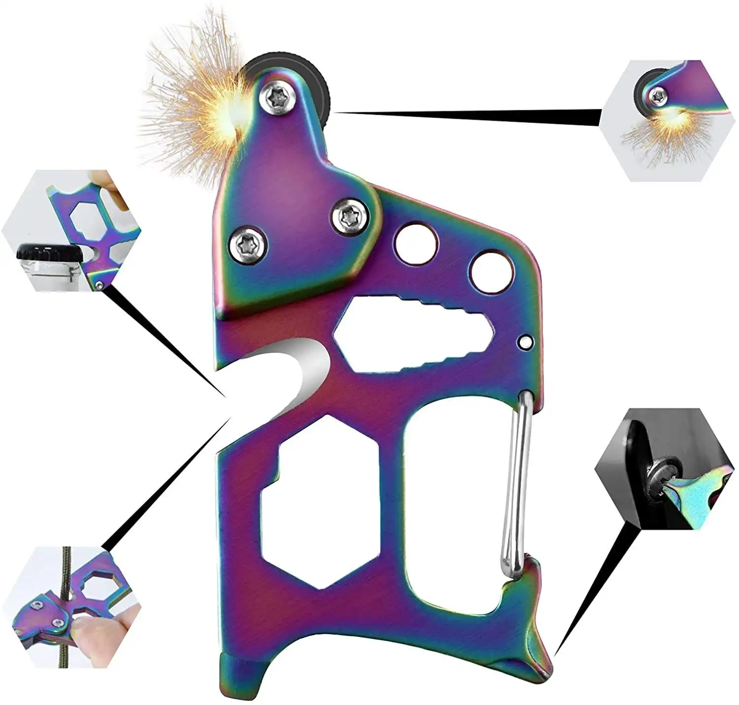 Hot Sale Tactical Backpack Shackle EDC Carabiner Hook D Locking Survival Keychain Buckle Fire Wheel Starter