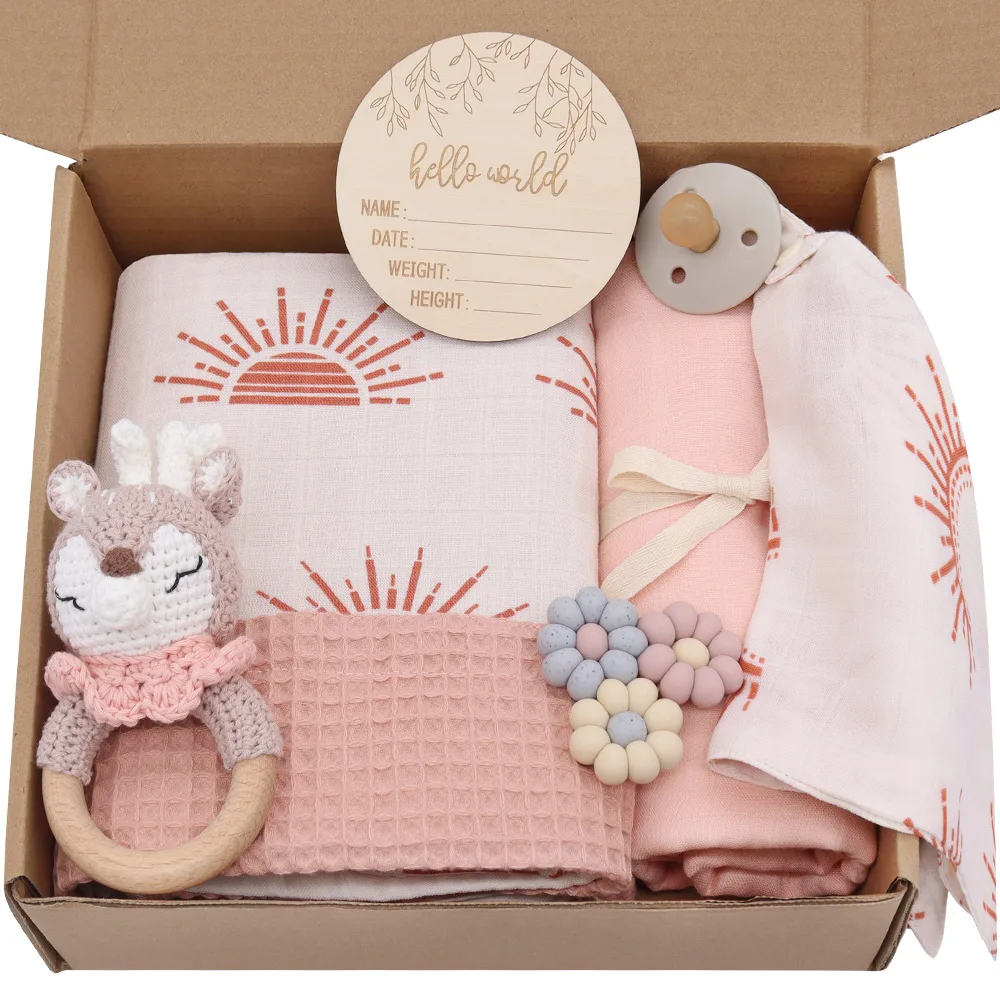 Lifetree Customized Bamboo Cotton Muslin Waffle blanket Milestone wooden  Card Crochet  Flower Romper  Newborn Baby Gift Sets