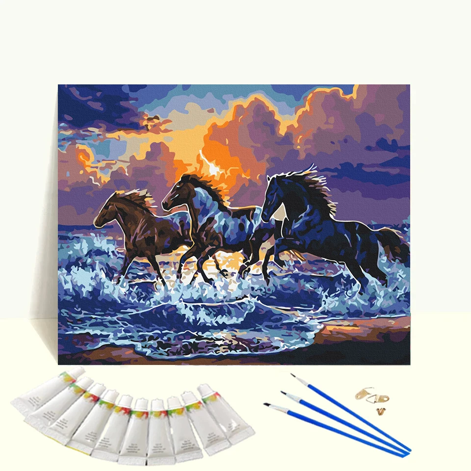 Customized Oil Painting By Numbers Galloping Horse By The Sea On Canvas Acrylic Paint DIY Framed Paint by number For Wall Decor