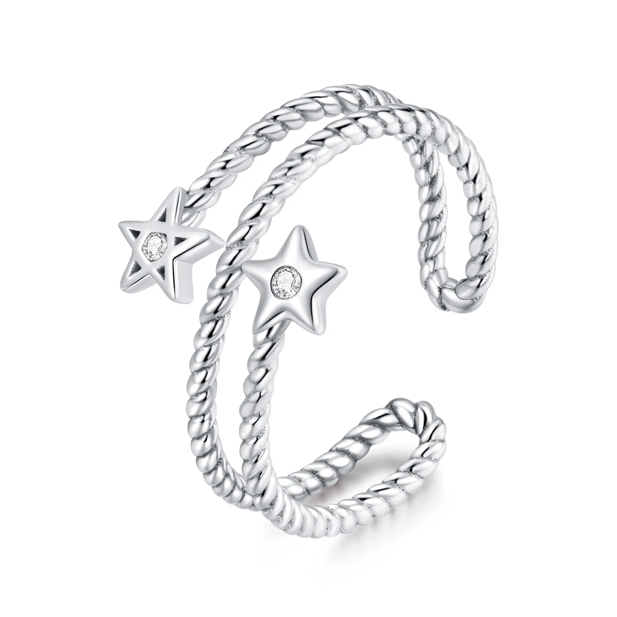 
Fashion Simple S925 Silver Plated Platinum Double Star Opening Ring 