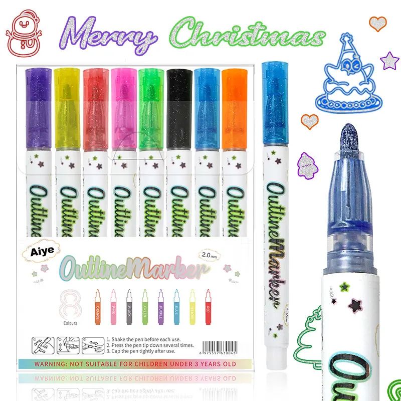Customized Double Line Outline Marker Pen Kids Colored Permanent Metallic Twin Outline Art Markers For Drawing Graffiti