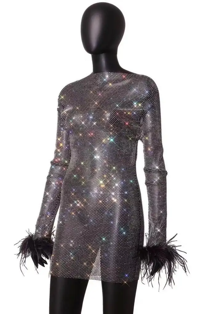 black designer rhinestone mesh party dresses women 2022 long sleeve fishnet feather trimmed mini dress