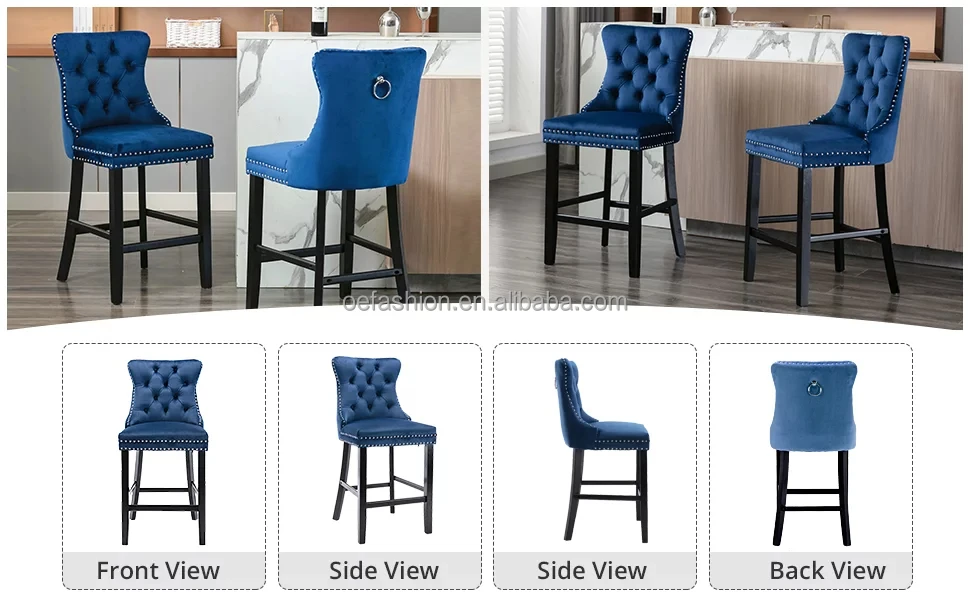 OE-FASHION Wholesale Modern Luxury Blue velvet  High Counter Height  Wooden Bar Stools For Kitchen