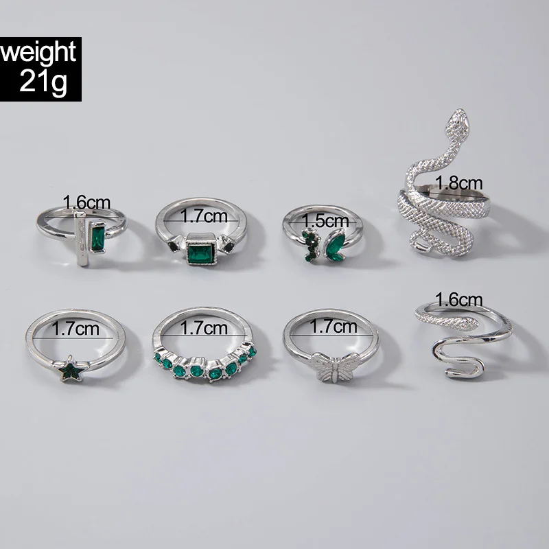 INS Trendy 8pcs/set Boho Style Green Rhinestone Butterfly Opening Ring Set for Women Star Snake Joint Rings