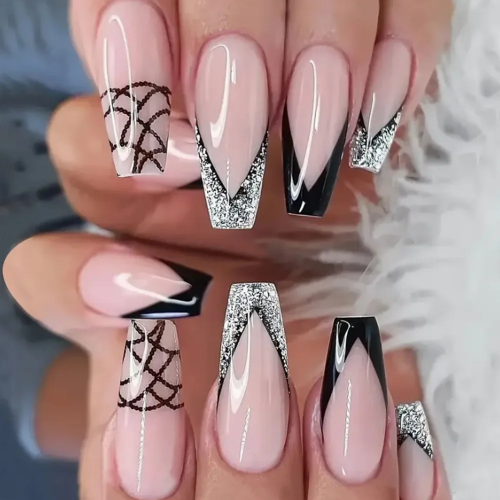 Private Label 24 PCS Acrylic Nails press on French Coffin Gradient Pink Diamond Press On Nails Wholesale Artificial Fingernails