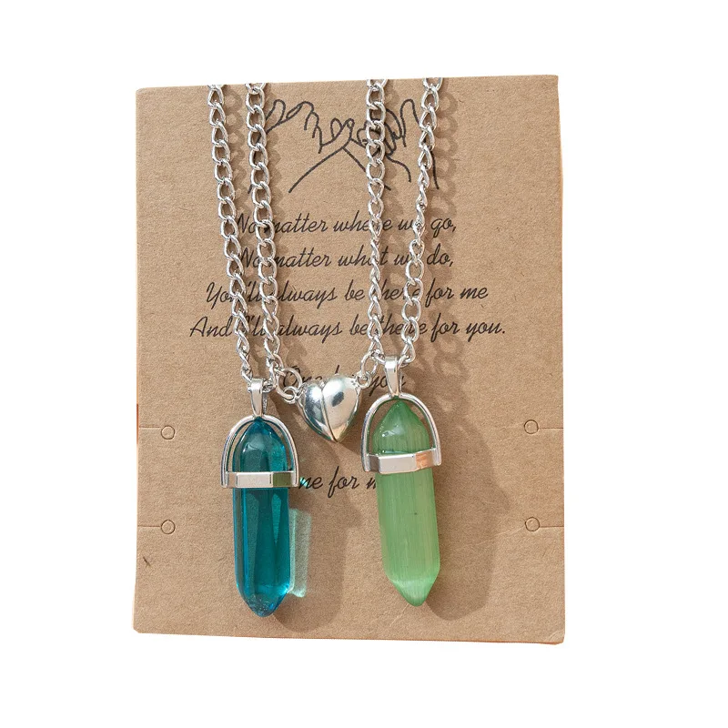 2 Pcs/set Bullet Shape Colorful Natural Crystal Choker For Couples Magnetic Buckle Matching Love Heart Pendants Necklaces