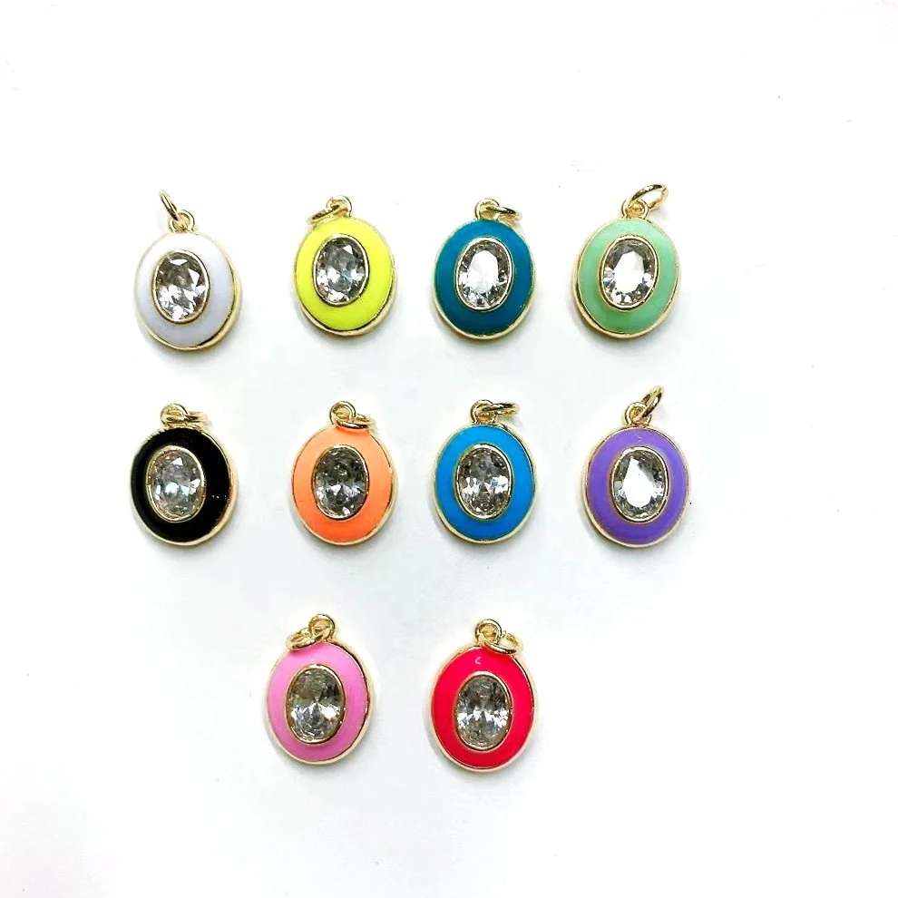YJ-CZP362 modern oval design enamel plated DIY necklace jewelry pendant fashion copper micro pave crystal CZ charm pendants