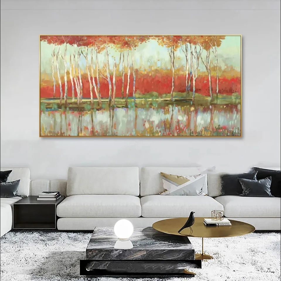 Modern 100% Handmade Canvas Wall Art Abstract Autumn Birch Tree Landscape Oil Painting Home Decor for Bedroom