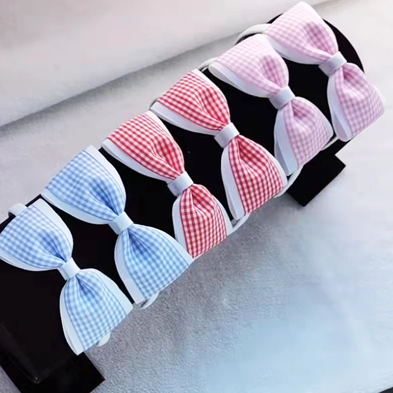 4.5 inch double layers gingham ribbon bow girls school daily headband children beautiful head band hair accessories
