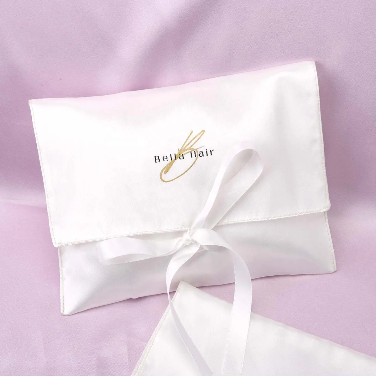 Custom Logo Printing White Satin Hair Headwear Packing Envelope Pouch Luxury Gift Jewelry Satin Bag With Ribbon