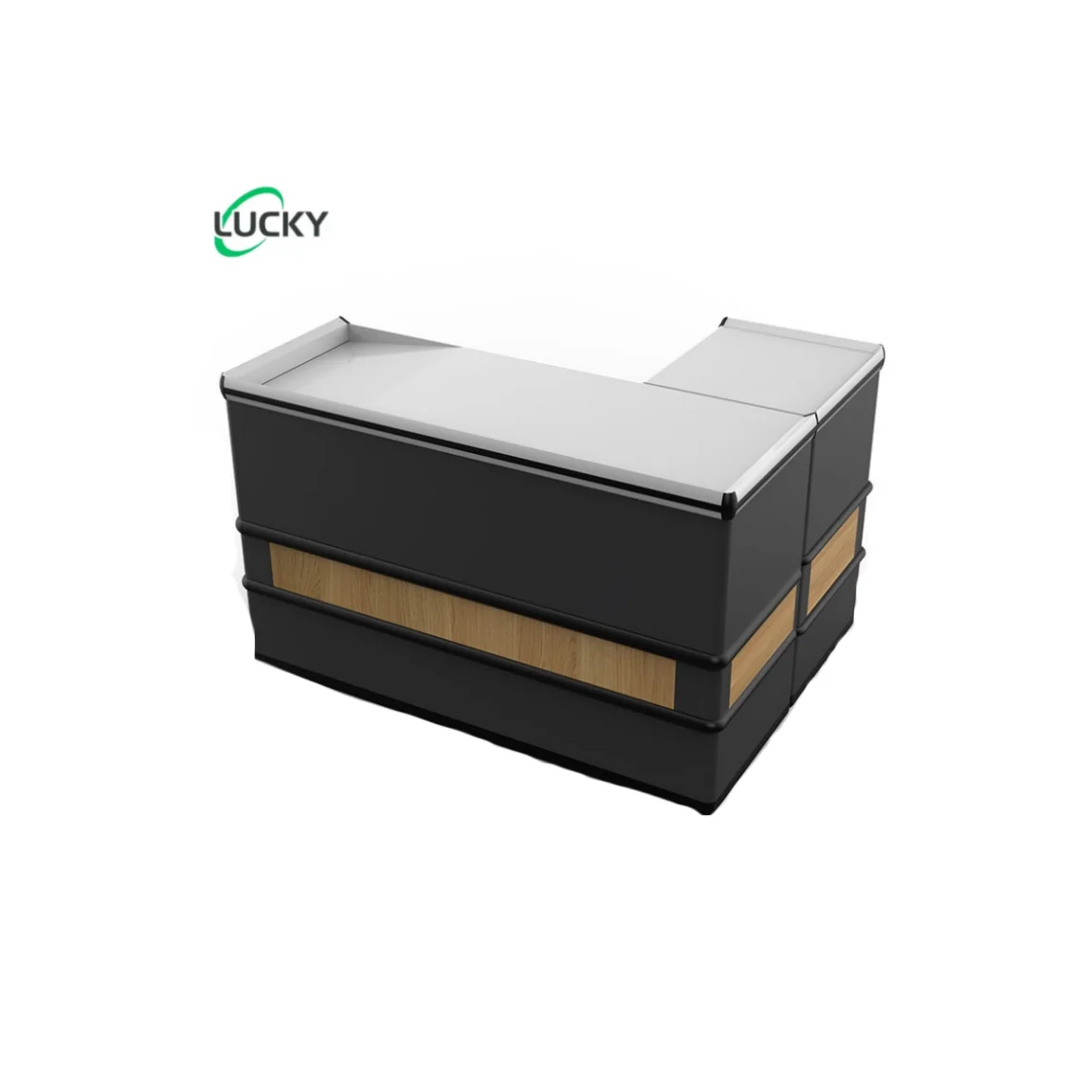 Leke supermarkets corner checkout counter cashier  equipment  cash register, stainless steel countertop, metal barmanufacturer