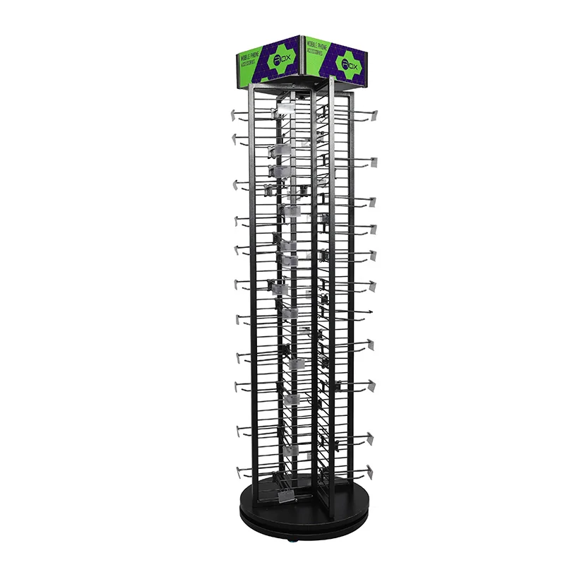 Free-standing 4 Sided Metal Spinner Rack with Wire Hooks, Rotating Goods Display Stand for Supermarket