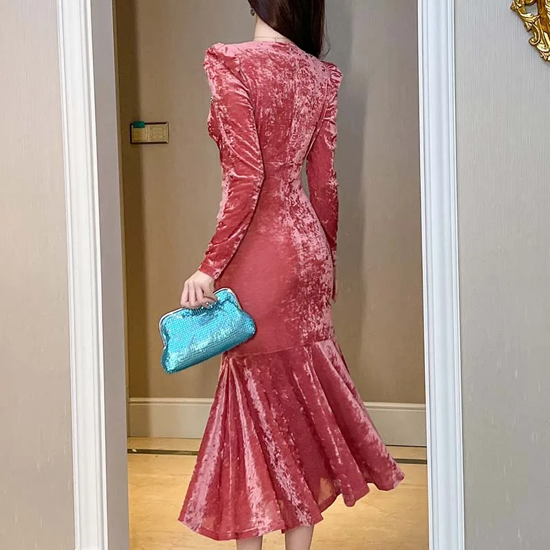 ZYHT 30995 Wholesale Ruched Split Sexy Christmas Gowns For Ladies Evening Dresses Long Sleeve Velvet Pink Women Winter Clothes