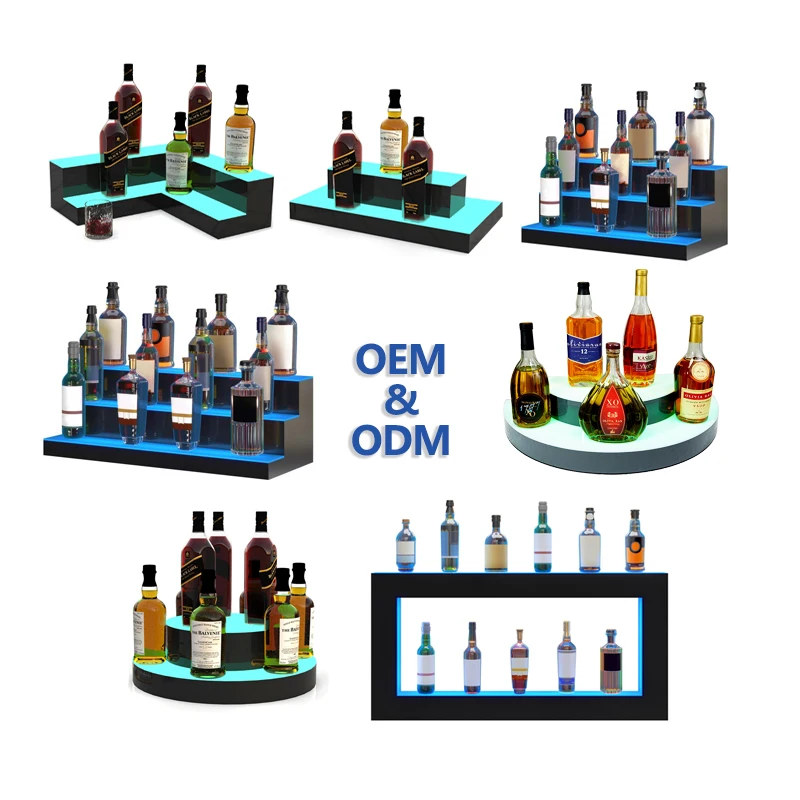 Custom LED Lighted Acrylic Bottle Display Shelf With Remote Control liquor illuminated led Acrylic Wine Bottle Display stand