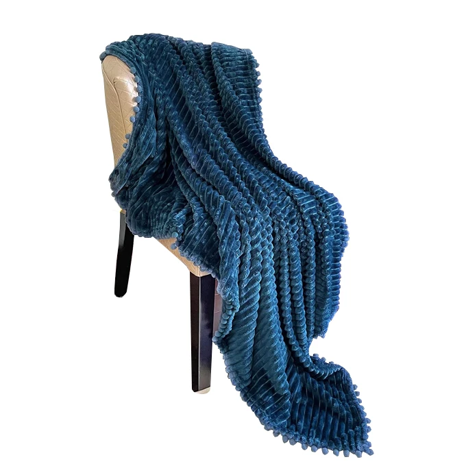 Super soft ornament ball design dark blue solid color stripe jacquard flannel fleece blanket