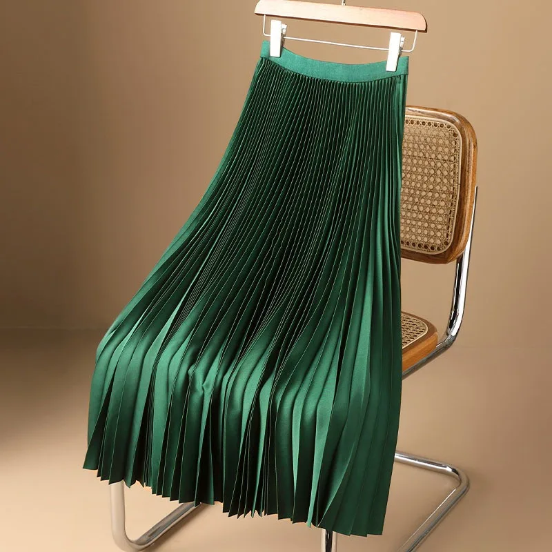 Factory Wholesale Solid Color Soft Satin Pleated Skirt Plus Size Skirt for Woman