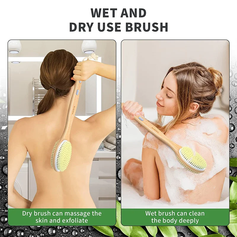 Bamboo Body Brush with Stiff and Soft Natural Bristles, Back Bath Brush for Shower with Long Handle, Dual-sided Brush Head