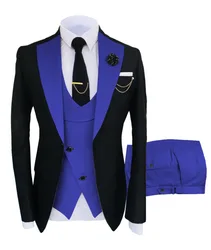 Navy Costume Homme Groom Tuxedos Men Suits Peaked Lapel Wedding Prom Terno Masculino Slim Fit Blazer 3 Pcs (Jacket+Pants+Vest)